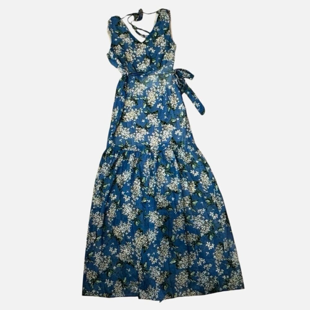 Dress Forum Womens Small Blue Floral Fit & Flare Sleeveless Slit Belt Maxi Dress